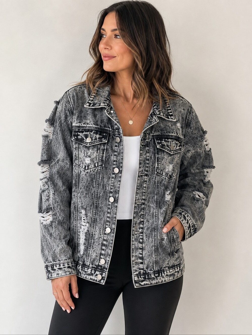 Fantastic Fawn Denim Jacket Size L Gray Acid Wash Distressed Ripped Y2K